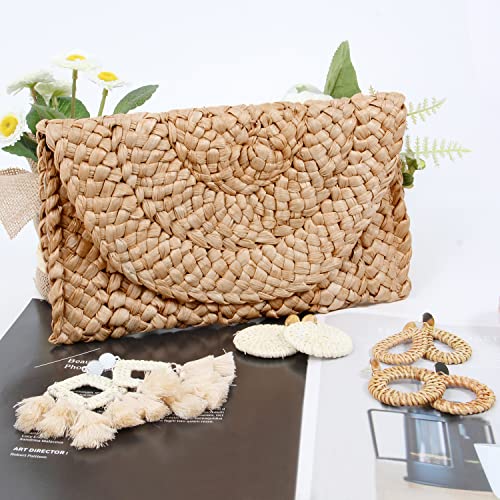 LUI SUI Women's Straw Clutch Purse Summer Purse Bags Woven Straw Shoulder Bags Beach Clutch Purse with Straw Earrings Set