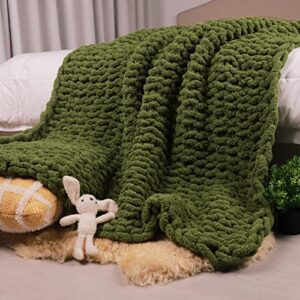 carriediosa chenille chunky knit blanket soft fluffy handmade throw blanket for couch sofa bed and home décor (london green 50″ x 60″)