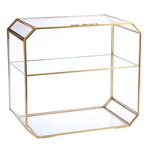 elldoo 2 tier clear glass storage box, gold jewelry makeup organizer box, decorative tower box display case for collectibles trinket perfume lipstick figure toy