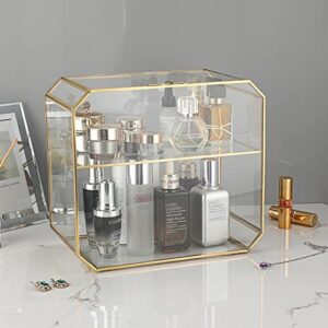 ELLDOO 2 Tier Clear Glass Storage Box, Gold Jewelry Makeup Organizer Box, Decorative Tower Box Display Case for Collectibles Trinket Perfume Lipstick Figure Toy