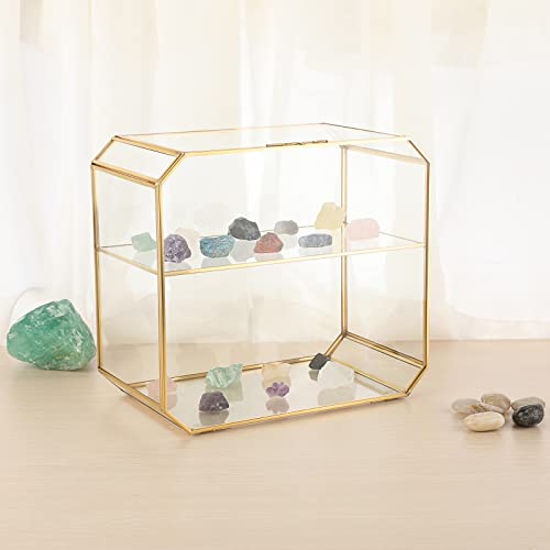 ELLDOO 2 Tier Clear Glass Storage Box, Gold Jewelry Makeup Organizer Box, Decorative Tower Box Display Case for Collectibles Trinket Perfume Lipstick Figure Toy