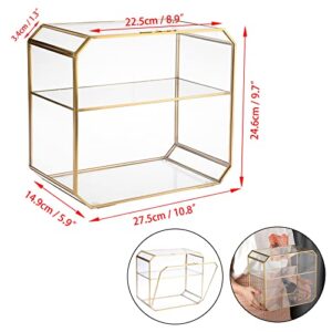 ELLDOO 2 Tier Clear Glass Storage Box, Gold Jewelry Makeup Organizer Box, Decorative Tower Box Display Case for Collectibles Trinket Perfume Lipstick Figure Toy