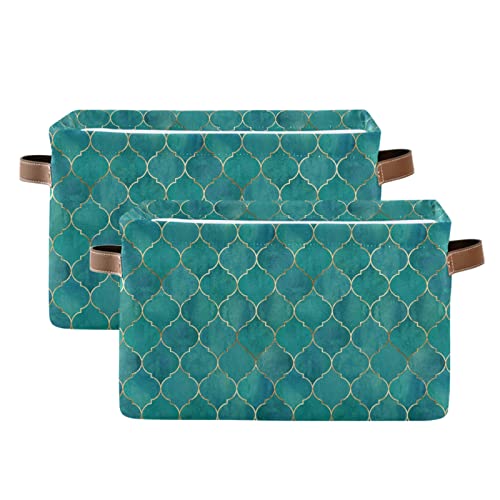 xigua Teal Moroccan with Gold Line Storage Baskets,Large Decorative Collapsible Rectangular Canvas Fabric Storage Bin for Home Office(15x11x9.5inch,2 Pack)