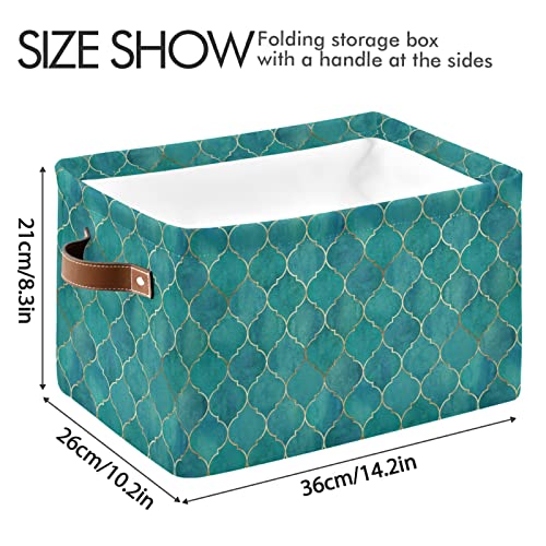 xigua Teal Moroccan with Gold Line Storage Baskets,Large Decorative Collapsible Rectangular Canvas Fabric Storage Bin for Home Office(15x11x9.5inch,2 Pack)