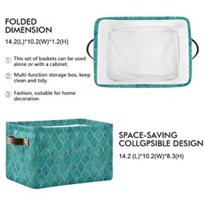 xigua Teal Moroccan with Gold Line Storage Baskets,Large Decorative Collapsible Rectangular Canvas Fabric Storage Bin for Home Office(15x11x9.5inch,2 Pack)