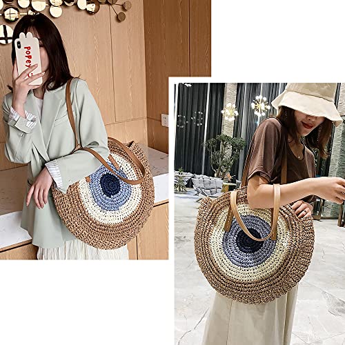 JBR Large Round Straw Bag Woven Shoulder Bag Tote Crossbody Bags Women Handwoven Handbags (Blue Eyes)