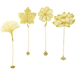 savita 4 pcs metal bookmarks with chain, hollow leaf bookmark with lotus ginkgo maple four-leaf clover patterns, flower bookmarks for book lovers (golden,4 styles)