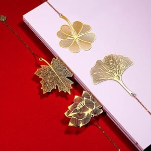 SAVITA 4 Pcs Metal Bookmarks with Chain, Hollow Leaf Bookmark with Lotus Ginkgo Maple Four-Leaf Clover Patterns, Flower Bookmarks for Book Lovers (Golden,4 Styles)