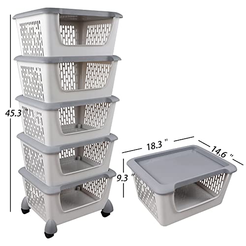 Xyskin Pack of 5 Stacking Storage Basket, Detachable Storage Shelves Bins with Wheels