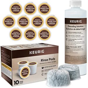 keurig descaling and maintenance kit by amc – includes 14 ounce descaling solution, 10 keurig rinse pods & 2 replacement water filters