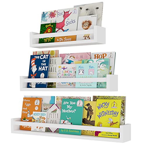 brightmaison Bambini Multisize Floating Shelves, Kids Bookshelf Nursery Storage Shelves for Wall Bathroom & Kitchen Organization Set of 3 White