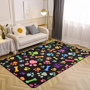 aimuan colorful dog paw print area rug nursery soft fun puppy dog decor bones rugs cute flannel floor for living bedroom (5×8 feet, black)