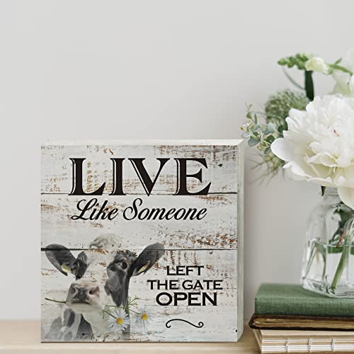 Inspirational Wooden Box Sign Desk Decor Live Like Someone Cow Wood Block Plaque Box Signs with Quotes Rustic Box Sign for Home Living Room Office Shelf Table Decoration (5 X 5 Inch)