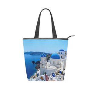 landscape oia santorini greece tote handbag for women tote bag, canvas + leather shoulder bag, hobo bag, satchel purse(6cr8b)