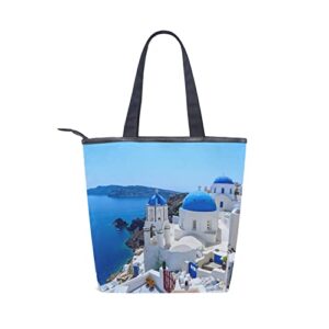 Landscape Oia Santorini Greece Tote Handbag for Women Tote Bag, Canvas + leather Shoulder Bag, Hobo bag, Satchel Purse(6cr8b)