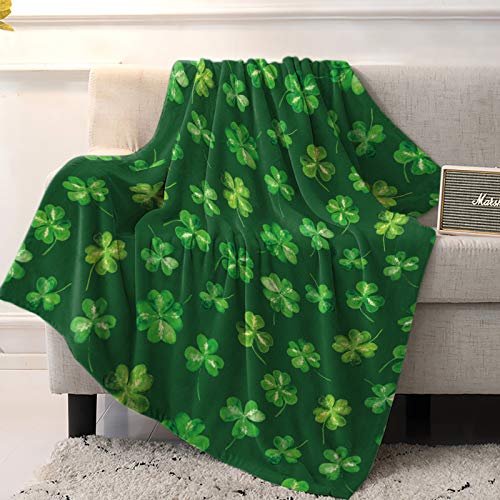 St Patrick Throw Blanket Shamrock Clover Blankets Lightweight Cozy Soft Flannel Blankets Watercolor Green Lucky Clover Bed Blanket for Bed Couch Sofa Bedroom Travel All Season Use 40" x 50"