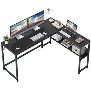 cubicubi l shaped desk, 55.1 inch corner computer desk with storage shelves, study writing table workstation with open shelves for home office, black