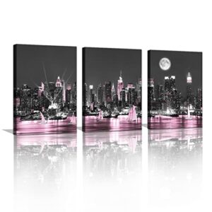 sycdeor romantic black and pink new york city night scenes canvas wall art- modern cityscape sailboat building prints painting for living bedroom home decor 3panels each 12″x16″