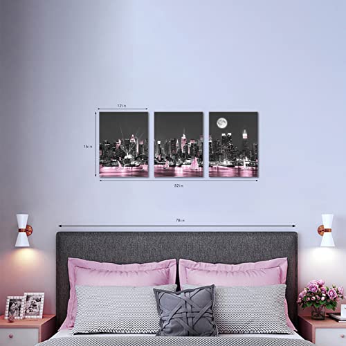 Sycdeor Romantic Black and Pink New York City Night Scenes Canvas Wall Art- Modern Cityscape Sailboat Building Prints Painting for Living Bedroom Home Decor 3Panels Each 12"x16"