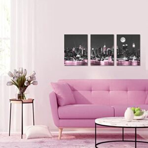 Sycdeor Romantic Black and Pink New York City Night Scenes Canvas Wall Art- Modern Cityscape Sailboat Building Prints Painting for Living Bedroom Home Decor 3Panels Each 12"x16"