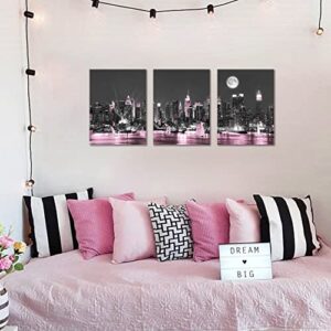 Sycdeor Romantic Black and Pink New York City Night Scenes Canvas Wall Art- Modern Cityscape Sailboat Building Prints Painting for Living Bedroom Home Decor 3Panels Each 12"x16"