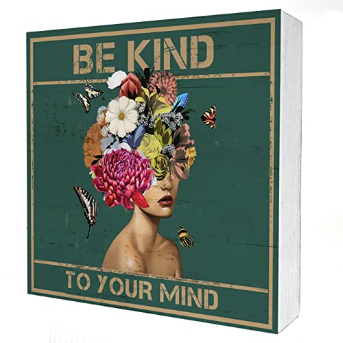 Positive Wooden Box Sign Desk Decor Retro be Kind to Your Mind Quote Wood Block Plaque Box Signs Rustic Box Sign for Home Living Room Shelf Table Decoration (5 X 5 Inch)