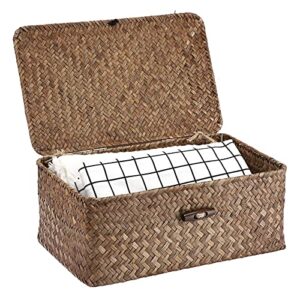 hipiwe wicker shelf baskets bin with lid, handwoven seagrass basket storage bins rectangular household basket boxes for shelf wardrobe home organizer, coffee small