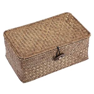 Hipiwe Wicker Shelf Baskets Bin with Lid, Handwoven Seagrass Basket Storage Bins Rectangular Household Basket Boxes for Shelf Wardrobe Home Organizer, Coffee Small