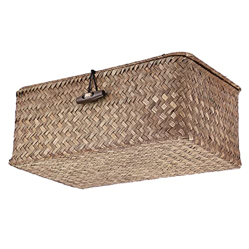 Hipiwe Wicker Shelf Baskets Bin with Lid, Handwoven Seagrass Basket Storage Bins Rectangular Household Basket Boxes for Shelf Wardrobe Home Organizer, Coffee Small