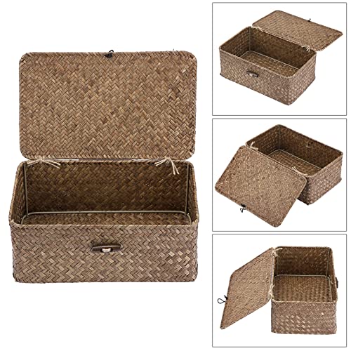 Hipiwe Wicker Shelf Baskets Bin with Lid, Handwoven Seagrass Basket Storage Bins Rectangular Household Basket Boxes for Shelf Wardrobe Home Organizer, Coffee Small