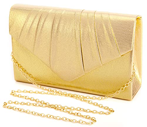 SUCCUNA Clutch Purses Envelope Evening Bag For Women Girl Gold Shimmery Pleated Crossbody Handbags for Wedding Party Dating