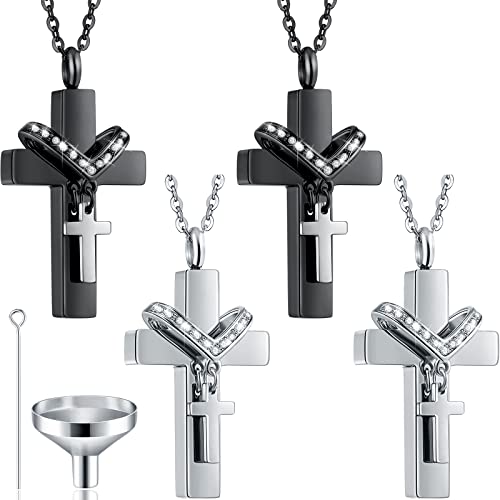 Junkin Ashes Necklace Urn Necklace Cross Stainless Steel Cross Memorial Cremation Jewelry for Ashes Urn Cremation Pendant for Human Ashes (4 Pieces)