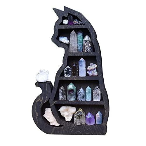 SXDHGTJ Cat in The Moon Crystal Wooden Shelf, Wall Mounted Crystal Display Shelf, Moon Shelf Black Cat Design Cute Wall Shelf Unit Black, Decorative for Living Room (A)