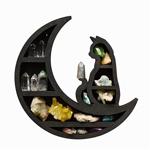 SXDHGTJ Cat in The Moon Crystal Wooden Shelf, Wall Mounted Crystal Display Shelf, Moon Shelf Black Cat Design Cute Wall Shelf Unit Black, Decorative for Living Room (B)