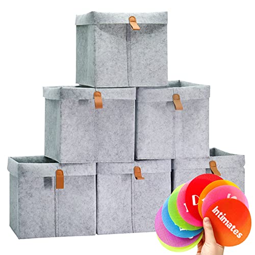 MILILOVE 6Pcs Felt Storage Basket 9x9x10 inch Cube, Fabric Cloth Storage Bin, Collapsible Organizer Basket with Handle for Cloth Toys Underwears Bedroom Playroom Office (with free decorations)