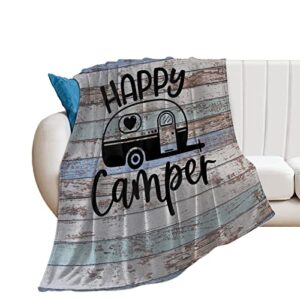 large throw blanket, vintage wooden door happy camper 50×60 inch super soft warm cozy throw blanket, lightweight thick blanket as bedspread/coverlet for women men kids, easy to care, all seasons