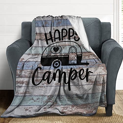 Large Throw Blanket, Vintage Wooden Door Happy Camper 50x60 Inch Super Soft Warm Cozy Throw Blanket, Lightweight Thick Blanket as Bedspread/Coverlet for Women Men Kids, Easy to Care, All Seasons