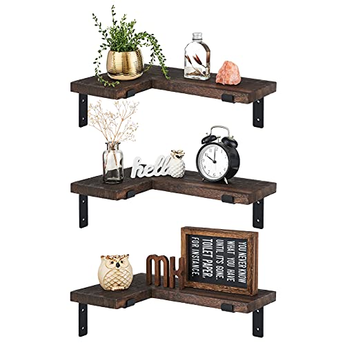 Mkono Rustic Wood Floating Shelves 5 Pieces Wall Mounted Decoractive Shelf and Corner Shelves for Bedroom, Living Room, Bathroom, Kitchen, Hallway, Office