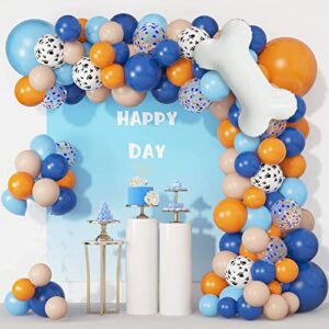 121pcs blue birthday party supplies balloons garland kit, blush nude blue orange dog paw balloons arch bone balloon for boys girls baby shower blue theme birthday party decorations