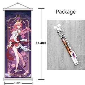 Genshin Impact Scroll Poster Yae Miko Wall Hanging Forged Cloth Painting Decor Live Room Bedroom Art Print(35x95cm/13.8"x 37.4")