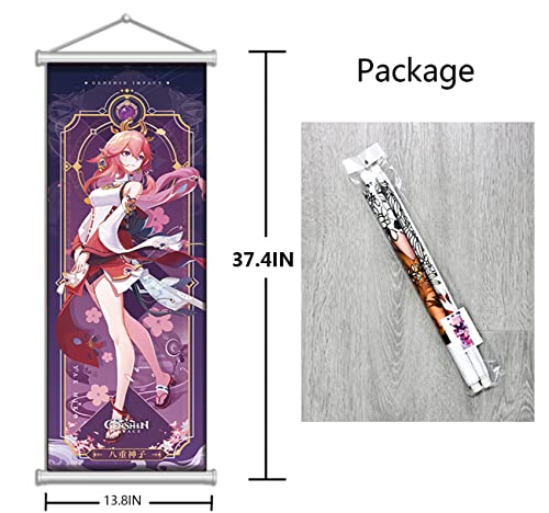 Genshin Impact Scroll Poster Yae Miko Wall Hanging Forged Cloth Painting Decor Live Room Bedroom Art Print(35x95cm/13.8"x 37.4")