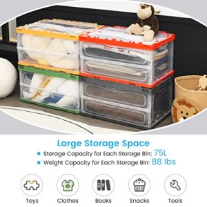 Giantex 4 Pack Storage Bins with Lids, Clear Collapsible Storage Box w/ 79.3 QT Large Space & Side Handle, Stackable Plastic Storage Container for Organizing Books Clothes Tools Snacks Home Office