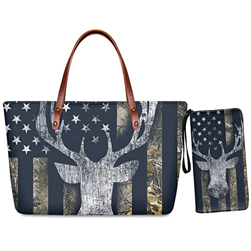 Wideasale Handbag Wallet Set for Women American Flag Overnight Bag Wood Deer Skull Oak Camo Weekender Carry on Bag Shoulder Straps Handbag Holder Clutch Travel Purse