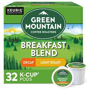 green mountain coffee roasters decaf breakfast blend, single-serve keurig k-cup pods, light roast coffee, 32 count (pack of 2)