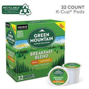 Green Mountain Coffee Roasters Decaf Breakfast Blend, Single-Serve Keurig K-Cup Pods, Light Roast Coffee, 32 Count (Pack of 2)