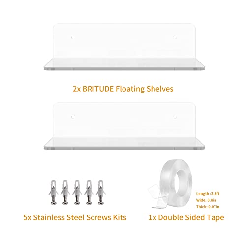 BRITUDE 2 Pack Small Floating Shelf for Wall, 9 Inch Acrylic Wall Display Ledges for Bedroom, Bathroom, Living Room, Office, Easy Installation with Clear Tape and Screws Kits