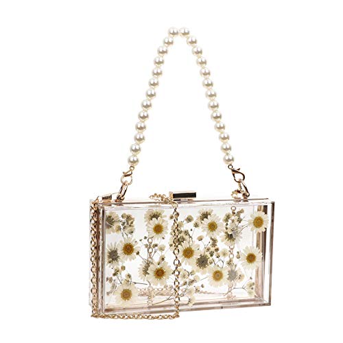 YUSHINY Women Acrylic Clear Clutch Transparent Purse True Flower Inlay with Removable Pearl Strap (Daisy)