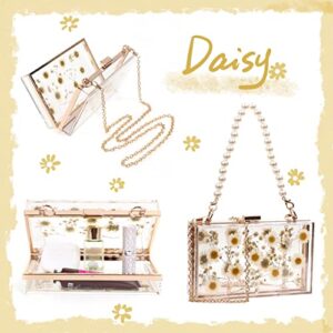 YUSHINY Women Acrylic Clear Clutch Transparent Purse True Flower Inlay with Removable Pearl Strap (Daisy)