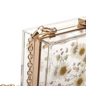 YUSHINY Women Acrylic Clear Clutch Transparent Purse True Flower Inlay with Removable Pearl Strap (Daisy)