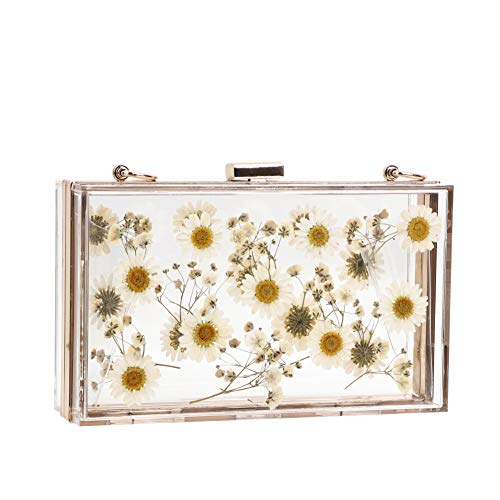 YUSHINY Women Acrylic Clear Clutch Transparent Purse True Flower Inlay with Removable Pearl Strap (Daisy)